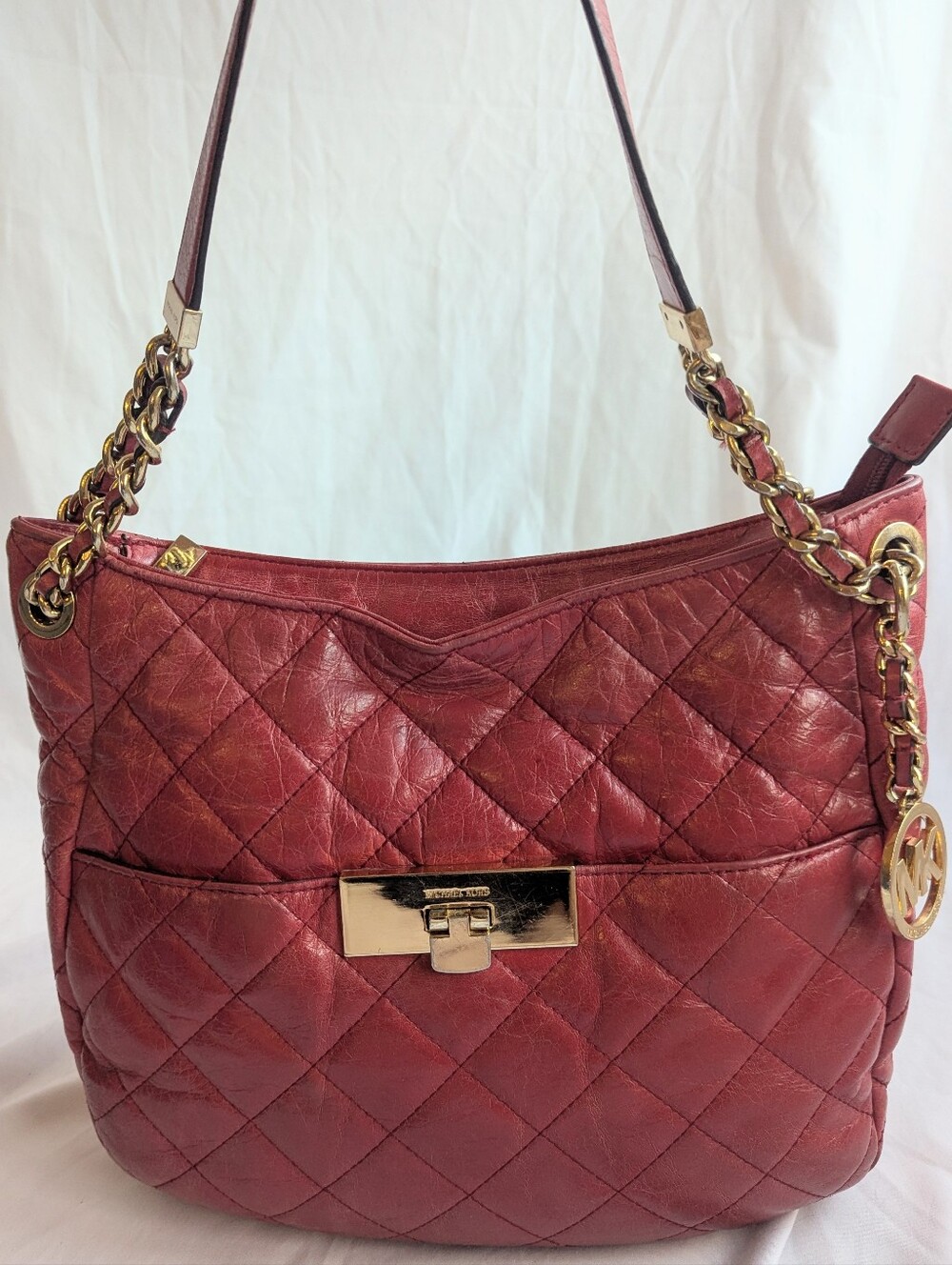 Michael Kors Susannah Red Quilted Leather Push Lock Chain Strap Shoulder Bag